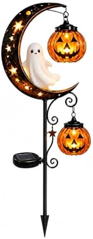 Solar Halloween White Ghost & Pumpkin Moon Garden Stake Light, Ou...