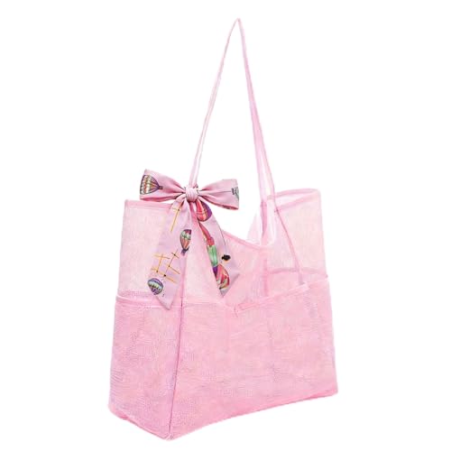 VizWqm Breathable Mesh Beach Tote - Large Capacity Sandproof Travel Bag with Detachable Silk Scarf for Toys & Vacation Essentials (Pink)