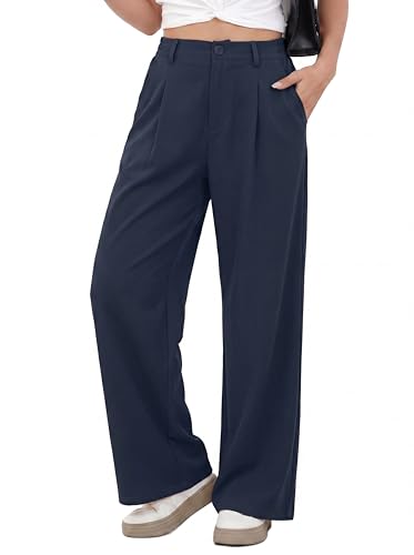 Image of GRECERELLE Womens Wide Leg Trousers Office Stretch Soft Ladies Elasticated Casual High Waisted Pants Yoga Palazzo Trousers with Pockets for Women UK, Sun Protection (Navy Blue, L)
