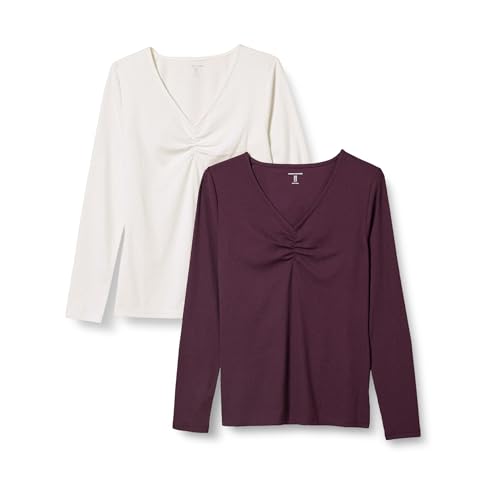 Amazon Essentials Women's Cinched V-Neck Long Sleeve Slim-Fit Rib-Knit T-Shirt, Pack of 2