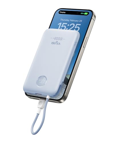VIYISI Powerbank 10000mAh, Caricabatterie Portatile 22,5W, Batteria Esterna Ultracompatta con Cavo USB-C Integrato, Display LED, per iPhone 17/16/15, iPad, Samsung Galaxy S24 S23 - Blu