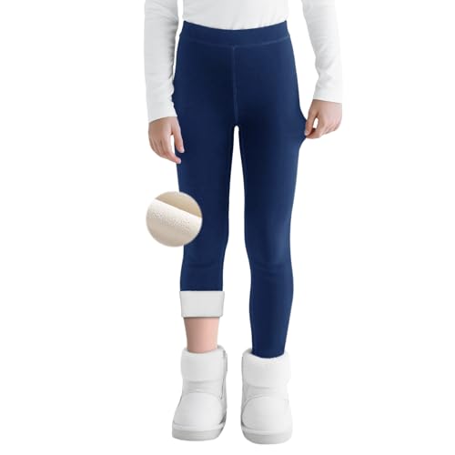 Domueay Ragazze Leggins Termici con Fodera in Pile, Morbidi Cotone Leggings Bambina Invernali Legging Felpati Vita Alta Caldi Collant Tinta Unita Elastici Lunghi Pantaloni 8-9 Anni, Blu Navy
