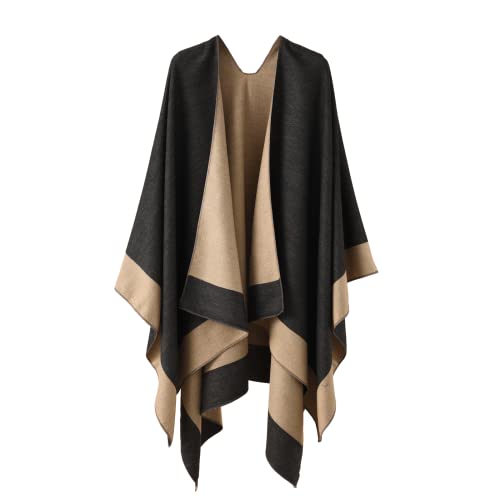 Shawl Wraps for Women, Elegant Knitted Cape Open Front Soft Poncho Scarf Blanket Cardigan Coat for Spring, Autumn and Winter (Black Khaki)