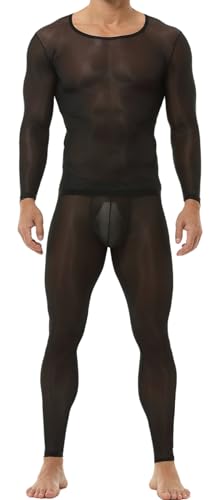 AIEOE Herren Zweiteilige Schlafanzug Sexy Eisseide Pyjama Set Transparent Unterhose Stretch Unterhemden Leggings EU XL