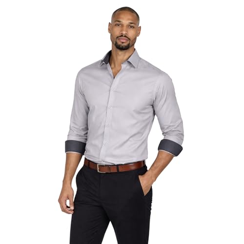 Mens Long Sleeve Shirt Tailored Fit Easy Iron Collared Button Up Poplin Smart Casual Business Wedding Office Shirt (Silver/Char Contrast, 16.5)