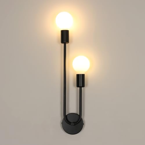 Comely Applique da Parete Interno E27, 2 Luci 180° Regolabile Applique da Parete Industriale Nero, Lampada a Muro Metallo per Interni Camera da Letto, Corridoio, Soggiorno