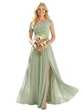 Ever-Pretty Women's One-Shoulder Chiffon Bridesmaid Dress Draped Bodice Maxi Dress with Side Split for Wedding Parties Mint Green 14UK