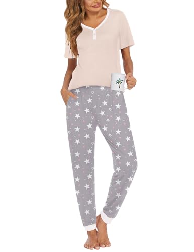 Image of Ekouaer Pajamas for Women Set 2 Piece Fall Lounge Sets Short Sleeve Pjs Joggers Long Pants Sleepwear with Pockets