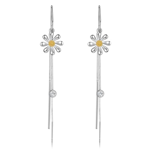 Daisy Earrings Sterling Silver Two Tone Flower Threader Tassel Dangles Jewelry Gifts for Women