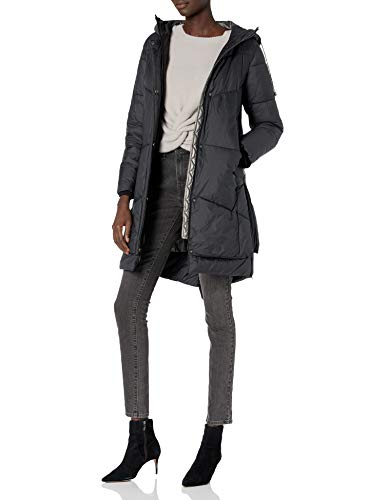 Cole Haan Women's Taffeta Down Coat with Faux Fur Collar, Black, Large