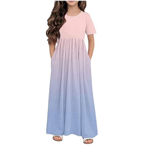 Girls Gradient Summer Maxi Dress Kids Casual Crewneck Short Sleeve Dresses with Pockets for 4-14 Years