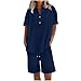 BXJX Two Piece Sets for Women 2025 V Neck Button Down Tops Gauze Bermuda Shorts Summer Beach Vacation Lounge Outfits women beach fashion Navy XL