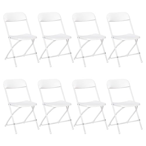 EGGREE Lot de 8 Chaises de Jardin Pliantes Blanches 150kg Charge, Cadre Acier Ø19mm 1.2mm Assise Plastique Rigide Portable pour Terrasse Balcon Intérieur...