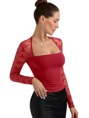 PINKMSTYLE Women Trendy Going Out Y2K Lace Long Sleeve Top Sexy Square Neck Double Lined Tops Trendy Concert Clothing Red X-Large — view 4