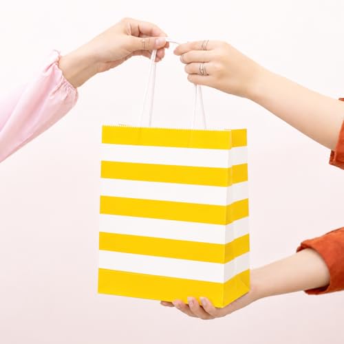 Image of Aakriti Striped Paper Gift Bags | Medium Size 10 x 4 x 12 Inches Gift Bags with Handles for Birthday Return Gifts, Party Favors & Shopping Mix Color Blue, Red, Yellow, Green & Black Pack of 25