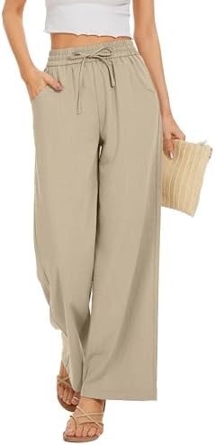 KICZOY Women Flowy Pants Drawstring Waist Wide Leg Palazzo Beach ...