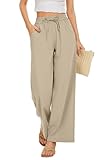 KICZOY Women Summer Pants Flowy Pants Drawstring Waist Wide Leg Palazzo Beach Pants Loose Fit with Pockets Beige