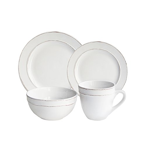 American Atelier Olivia Round 16 Piece Dinnerware Set 4 Dinner and Salad Plates, 4 Bowls, & 4 Mugs, Updated White, 10.4x10.4