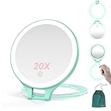 Mocado Travel Makeup Mirror with Light, 1X/20X Magnifying, Double Sided, 3 Color Light, Dimmable Touch, Rechargeable, Tabletop Standing, Green