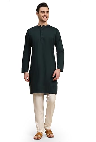 Image of SKAVIJ Men's Pure Cotton Solid Kurta Pajama Set Round Neck Casual Yoga Dress (KP096green Green L)