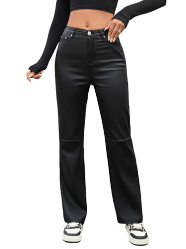 LY VAREY LIN Women Faux Leather High Waist Straight Leg Pants with Pockets Bell Bottom Flare Pants (US, Alpha, Medium, Regular, Regular, Black)