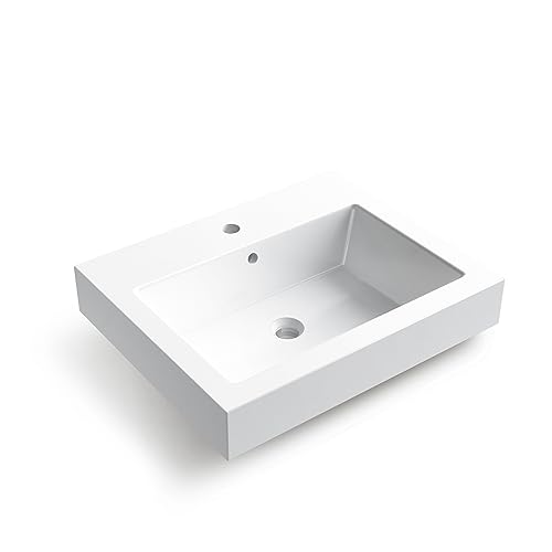 BALNEO ROXI Lavabo Lavabo da Appoggio Quadrato 60x50cm con Foro per Rubinetto, con Foro per Troppo Pieno, Durevole, Moderno, Resistente Ai Prodotti Chimici, Caldo Al Tatto, Bianco in Conglomerato