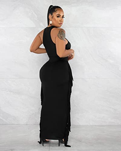 Image of YUEWOO 2 Piece Outfits for Women Sexy Crop Top Ruched Bodycon Maxi Dresses Fringe Skirt Sets Night Club Jumpsuits