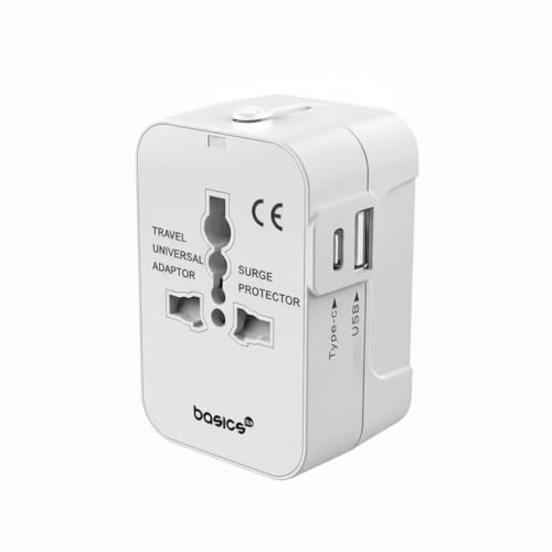 Basics India Universal Travel Adapter with Surge Protection & USB-C Charging – All-in-One Global Power Converter/Compatible with Smartphones, Laptops, Camera, Mobiles, Tablets (White)