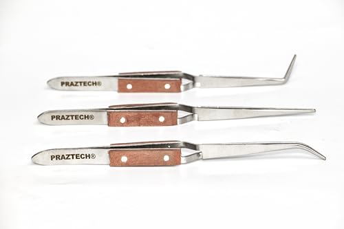 PRAZTECH® Heat Insulated 3 Angled & Straight Self Locking Soldering Tweezers - Watch, Silver
