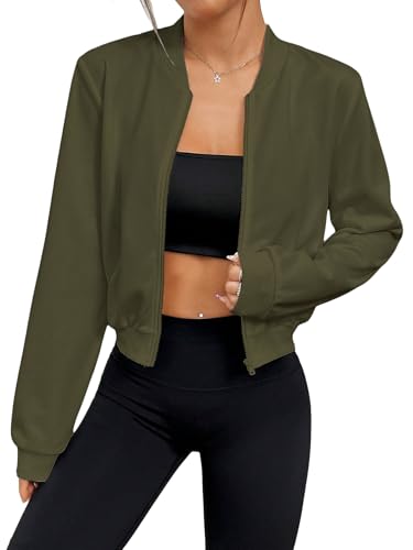 SweatyRocks Women's Lightweight Jackets Casual Basic Zip Up Cropped Bomber Jacket Army Green Small