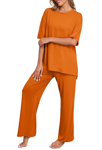 Image of PrinStory Womens Pajamas Sets 2 Piece Lounge Set Short Sleeve Tops and Long Pants Soft Pjs Loungewear with Pockets