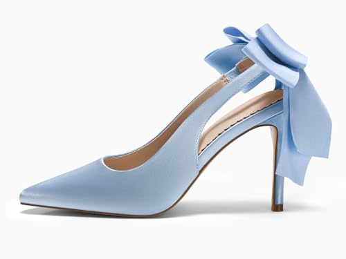 Image of Coutgo Womens Slingback High Heels with Bow Closed Pointed Toe Wedding Bride Dress Shoes Satin Pumps