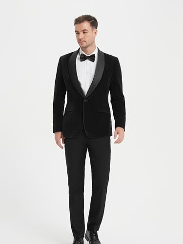 Men's 2 Piece Velvet Suit One Button Slim Fit Formal Wedding Prom Tuxedo Blazer Pants with Navy Floral Bow Tie Set2