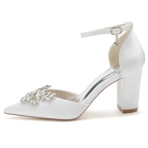 Rhinestone Wedding Shoes for Bride Block Heel Pointed Toe Bridal Shoes Women Pumps Chunky Heels3