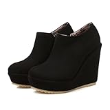 SHEMEE Women's Wedge Heels Ankle Boots High Heeled Platform Suedemps Round Toe Zip Up Short Booties Office Party Dress Shoes Black Suede,Size 8