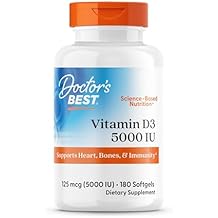 Doctors Best Vitamin D3 5000IU, Non-GMO, Gluten & Soy Free, Regulates Immune Function, Supports Healthy Bones, White, No Flavour, 180 Count
