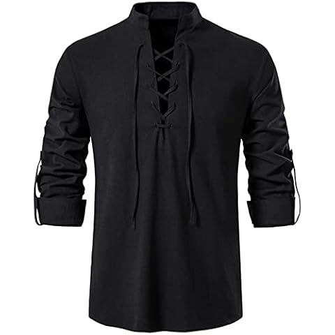 AUMELR Mens Linen Shirts Drawstring Henley Shirts Cotton Grandad Shirt Hippie Tops Black Shirt M Cover