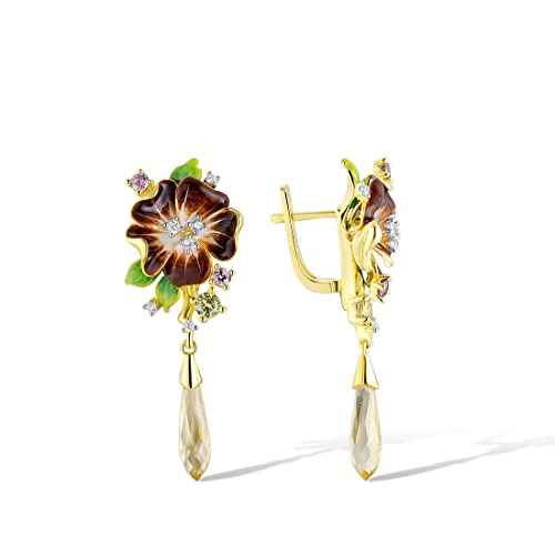 Santuzza Peony Earrings 925 Sterling Silver Yellow Glass Enamel Leaf Brown Flower Dangle Earrings For Women #TOP1