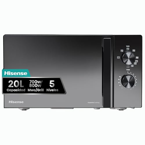 Hisense H20MOMBP1HG - Microondas con Grill 800W, 20L, Alto 32.6cm x Ancho 45.5cm, Color Negro, Potencia del Grill: 800 W, Revestimiento Cerámico, Cristal Premium, 5 Niveles de Potencia