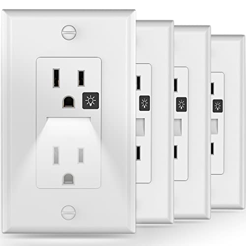 Receptacle Outlet With Night Light,15A 125V Standard Electrical Outlet With Wallplates,Turn Guide Light On/Off Automatically,Nightlight For Kids,Bedroom,Bathroom,Stairs(4 Pack,White) #TOP30