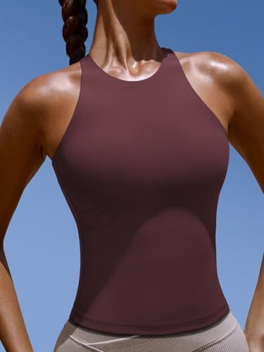 Image of LASLULU Womens High Neck Workout Tank Tops with Built in Bra Strappy Back | Low to Medium Impact,Longline Halter Neck Sports Bra,Fitted Compression,Padded Athletic Yoga Running Gym Pilates Tank Tops