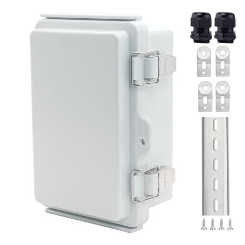 IP67 Waterproof Junction Box, ABS Plastic Electrical Enclosure with Stainless Steel Latch, Hinged Cover Electric Box with Mounting Plate, Wall Brackets &amp; Cable Glands 150x100x70