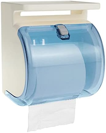 TIAN CHEN Toilet Paper Holder Wall Mount, Waterproof Cat Proof Full Covered Plastic Toilet Paper Dispenser with Shelf, Self Adhesive or Drilled Use (6.3in, Light Blue)