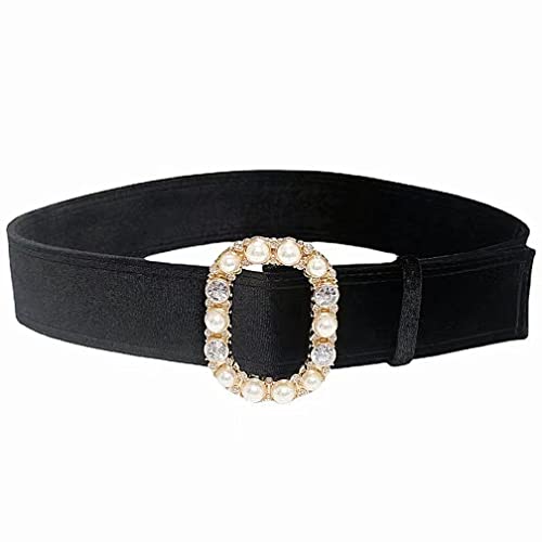 Women Vintage Velvet 2In Wide Waist Belts For Dress Shirt Rhinestone Pearl Circle Buckle Leather Waistband Cinch Belt