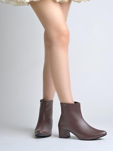 Image of Shoetopia Women's Ankle Boots - Faux Leather Pointed Toe Booties with Side Zip & Mid Block Heel for Work, Party & Everyday