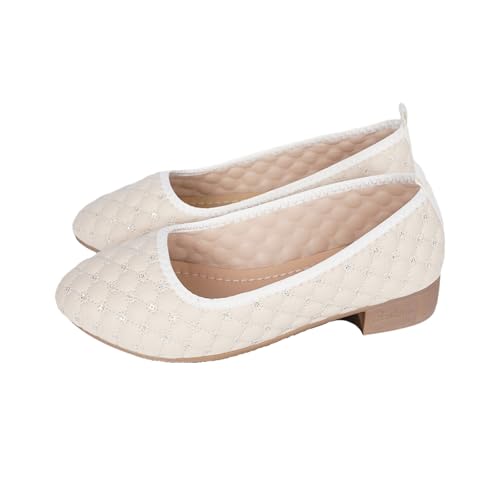 Women's Quilted Ballet Flats - Low Block Heel, One Foot Stirrup Round Toe Plaid Casual Comfort Formal Loafers with Arch Support Insoles