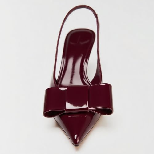 YIYA Women's Cute Bow Slingback Kitten Heels Patent Leather Closed Pointed Toe Slip on Party Dress Fall Pumps Shoes3