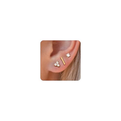 Gold Flat Back Earrings for Women, 3Pairs 14k Gold Plated Flatback Stud Earrings Set, Tiny Hypoallergenic Cartilage Helix Tragus Piercing Earring Trendy Stuff Fashion Jewelry Gifts