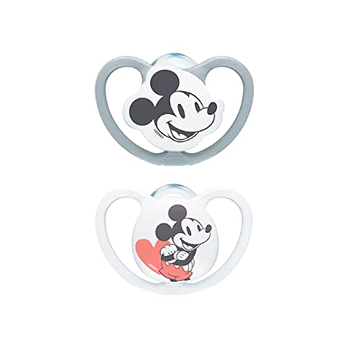 NUK Sauger Space | 18-36 Monate | Lutscher mit extragroßen Belüftungsöffnungen | Silikon BPA-frei | Disney Micky Maus | Grau/Weiß | 2 Einheiten