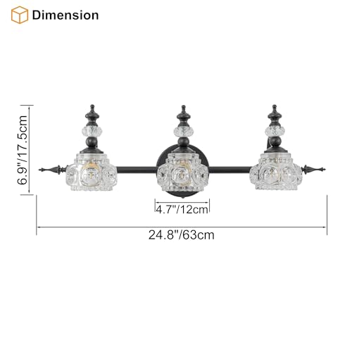 Image of Bathroom Vanity Light Fixtures, Farmhouse Vintage Wall Sconce Lighting with Glass Shade, Bath Vintage Wall Mounted Lamps for Mirror (3 Lights,Matte Black,G9 Base)
